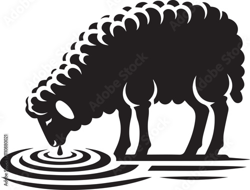 A sheep drinking water from a pond creating ripples silhouette vector