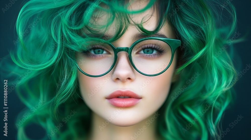 Young woman with striking green curly hair and glasses, exuding confidence and style. Young woman with striking green curly hair and glasses, exuding confidence and style.