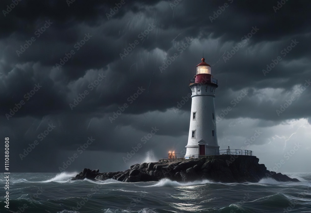 A lone lighthouse pierces the darkness of a thunderstorm, dark clouds, stormy sea
