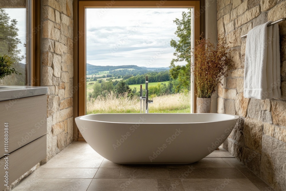 Fototapeta premium Modern bathroom features freestanding tub with scenic view