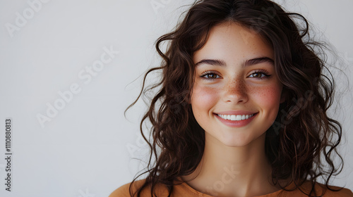 vertical video. happy face. toothy smile. optimistic attitude. portrait of satisfied glad joyful cheerful pretty girl with dark curly hair with white shades, png