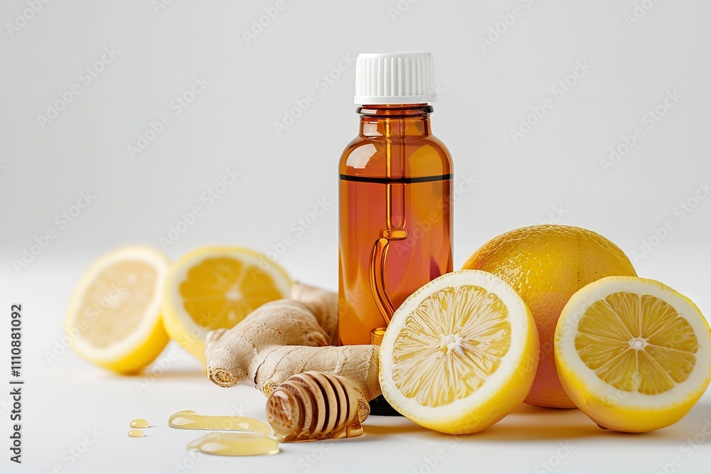 An up close and personal view of a cough syrup bottle with a white cap, lemon and ginger with honey dripper on a simple white backdrop with text space, Generative AI. An up close and personal view of a cough syrup bottle with a white cap, lemon and ginger with honey dripper on a simple white backdrop with text space, Generative AI.