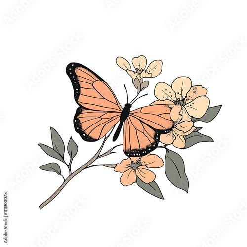 Peach butterfly on blooming branch photo