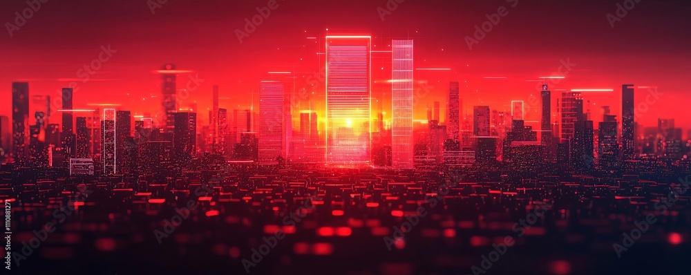Futuristic skyline at sunset with vibrant red hues illuminating modern skyscrapers. Futuristic skyline at sunset with vibrant red hues illuminating modern skyscrapers.