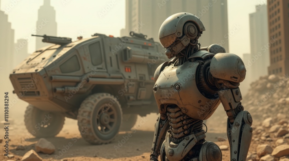 Rusty Humanoid Robot and Armored Combat Vehicle in Post-Apocalyptic Cityscape - 4K Detail Rusty Humanoid Robot and Armored Combat Vehicle in Post-Apocalyptic Cityscape - 4K Detail
