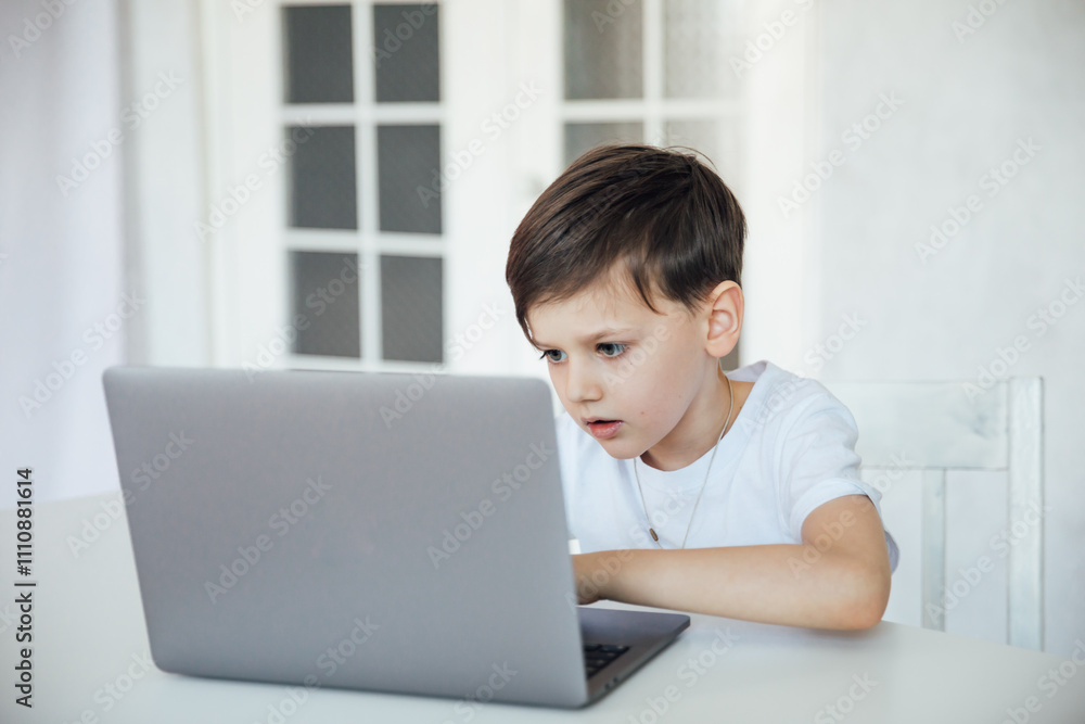 Boy studying playing on laptop online at desk in office Boy studying playing on laptop online at desk in office