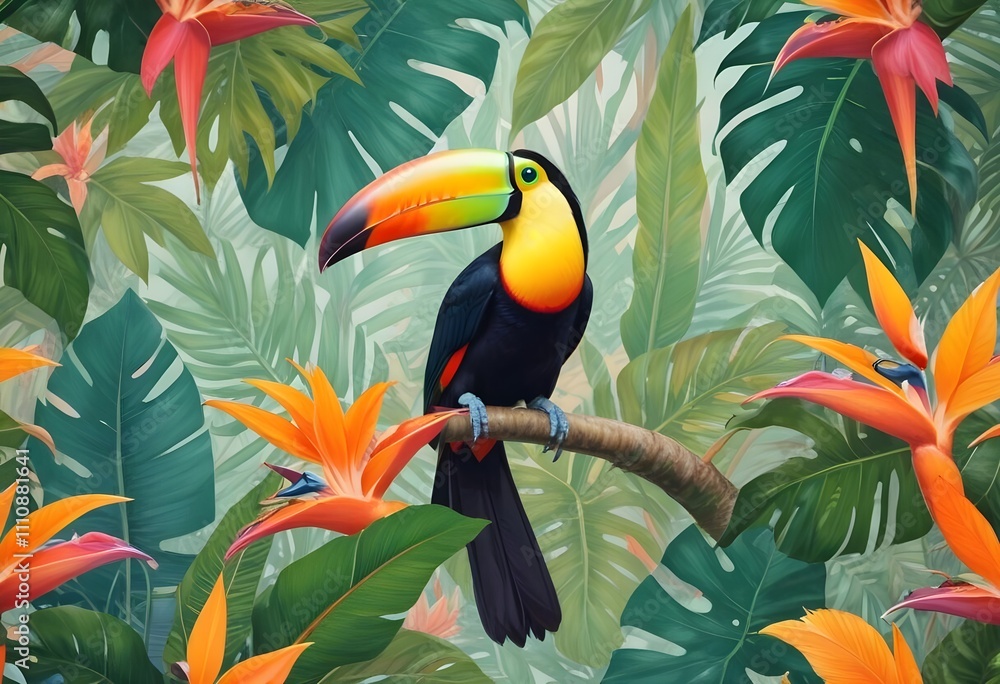 Tropical exotic pattern with animal and flowers in bright colors and lush vegetationn Tropical exotic pattern with animal and flowers in bright colors and lush vegetationn
