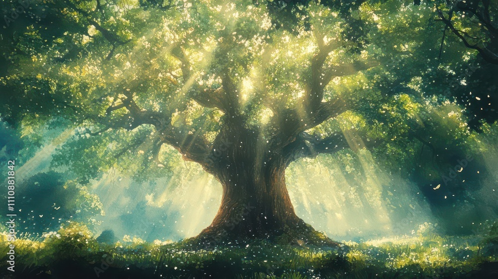 A majestic, towering Tree oozing vitality in lush green forest, capturing intricate dew from morning mist Traditional Watercolor A majestic, towering Tree oozing vitality in lush green forest, capturing intricate dew from morning mist Traditional Watercolor