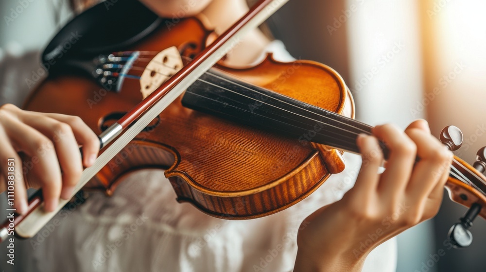 Close up on hand of unrecognizable female orchestra musician playing violin with bow during concert on stage, focus on hand and tailpiece Close up on hand of unrecognizable female orchestra musician playing violin with bow during concert on stage, focus on hand and tailpiece
