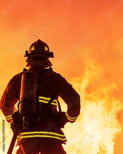 A firefighter stands resolutely against a backdrop of flames, ready to engage. photo