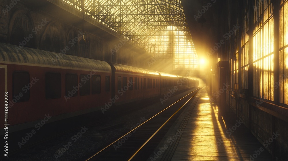 Fototapeta premium Sunlit train at vintage railway station platform.