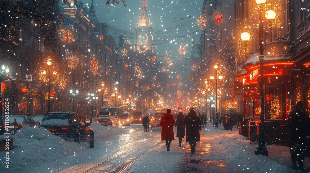 A snowy street scene adorned with festive lights and decorations, capturing a winter atmosphere. A snowy street scene adorned with festive lights and decorations, capturing a winter atmosphere.