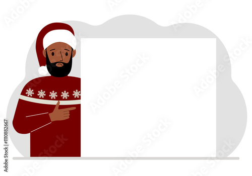 A man in a red sweater near a large white sheet. Advertising, invitation, discount for Christmas or New Year. Vector flat illustration