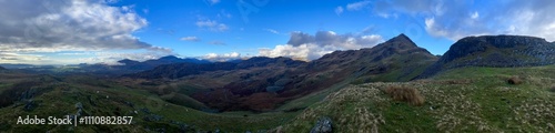 Panoramic view of rolling hills and the mountains of Penrhyndeudraeth and Croesor in Snowdonia (Eryri) National Park, Wales, UK, captured during a winter hike.