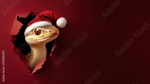 Cute snake with Santa hat and gift in red circle. photo