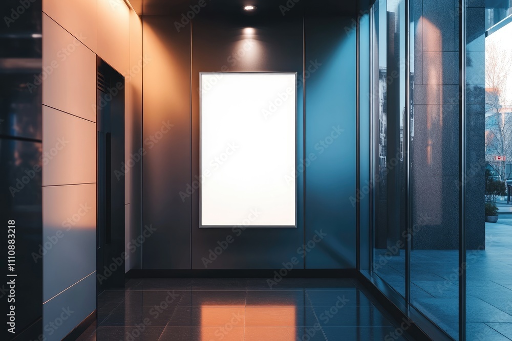 Blank Advertisement Sign in Modern Building Hallway Blank Advertisement Sign in Modern Building Hallway