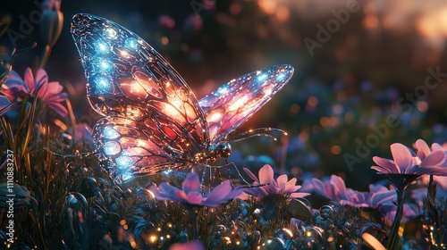 A glowing robotic butterfly resting on a metallic flower in a high-tech meadow. Its intricate holographic wings flutter softly, blending art and technology. The serene atmosphere highlights  photo