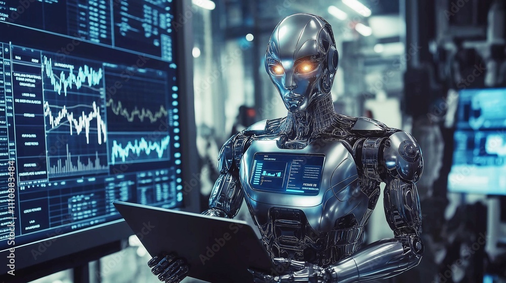 3D rendering of a humanoid robot analyzing a stock market chart with trading charts. Concept of artificial intelligence in financial markets, neon lighting, copy space. 3D rendering of a humanoid robot analyzing a stock market chart with trading charts. Concept of artificial intelligence in financial markets, neon lighting, copy space.