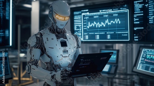 3D rendering of a humanoid robot analyzing a stock market chart with trading charts. Concept of artificial intelligence in financial markets, neon lighting, copy space.