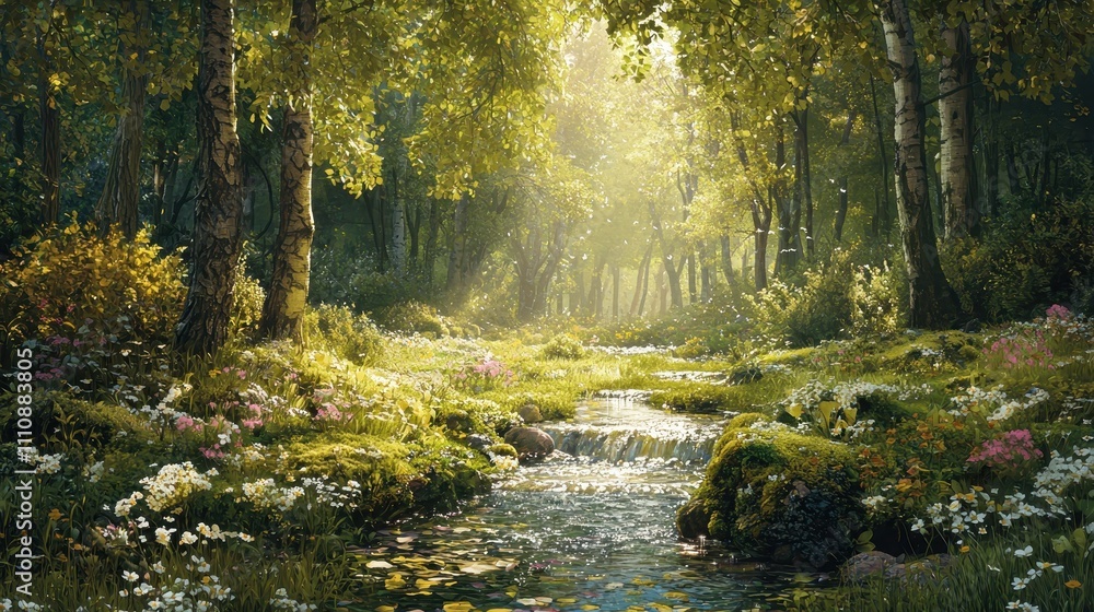 A lush green forest with sunlight streaming through the canopy, illuminating the vibrant moss and flowers on the forest floor. A gentle stream winds through the trees, adding a soothing touch A lush green forest with sunlight streaming through the canopy, illuminating the vibrant moss and flowers on the forest floor. A gentle stream winds through the trees, adding a soothing touch