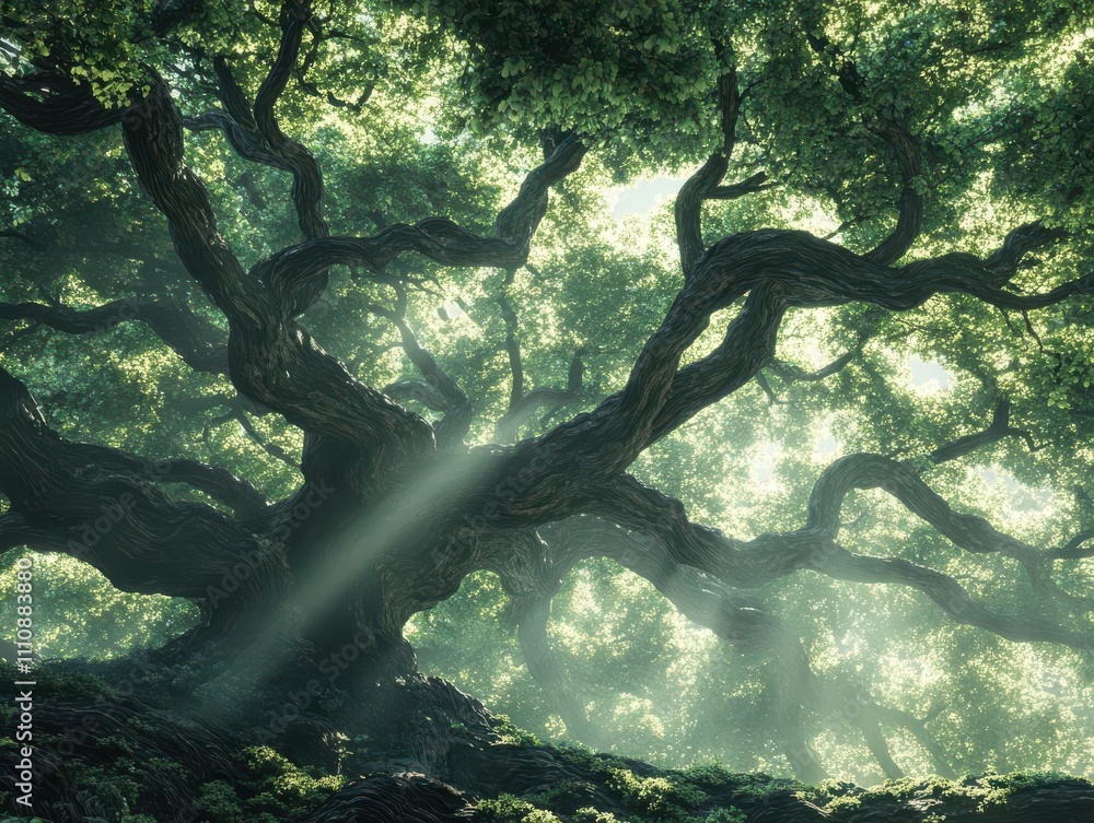 An intricate, ethereal tree canopy, embodying natural transpiration in a lush, digital format