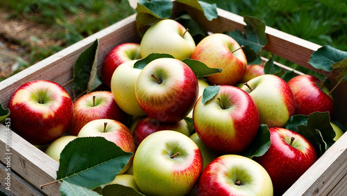 Freshly harvested apples in a wooden crate surrounded by green leaves on a sunny day
