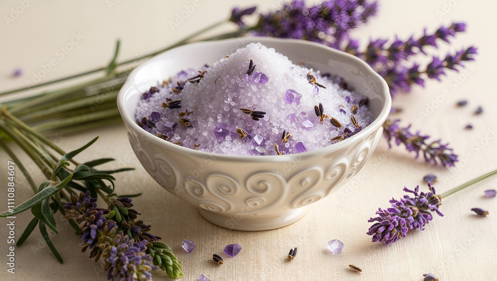 Lavender salt blend displayed inside a decorative bowl with fresh lavender sprigs nearby Lavender salt blend displayed inside a decorative bowl with fresh lavender sprigs nearby