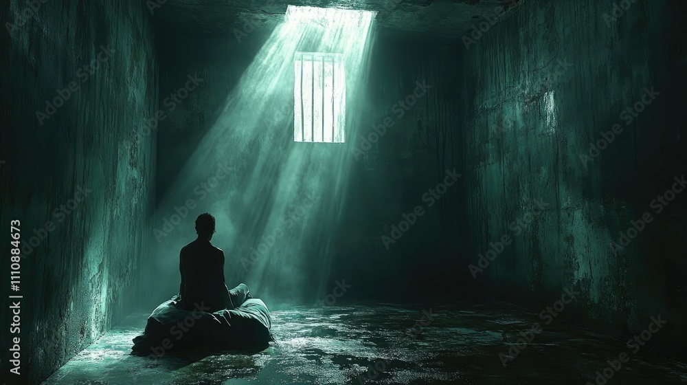 A solitary figure meditates in a dim, prison-like room illuminated by a beam of light. A solitary figure meditates in a dim, prison-like room illuminated by a beam of light.