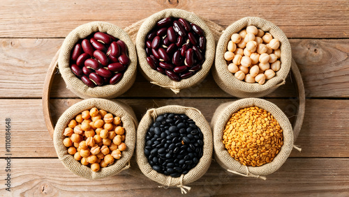 Various types of legumes and beans displayed in burlap bags on wooden table