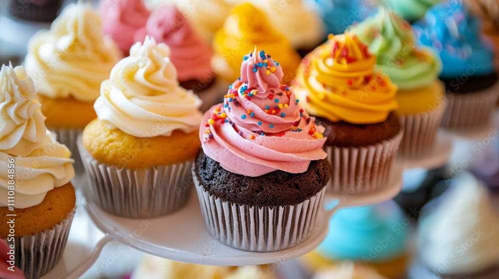 Photo of, A colorful array of freshly baked cupcakes topped with swirls of buttercream frosting and sprinkles, Cupcake display centered Photo of, A colorful array of freshly baked cupcakes topped with swirls of buttercream frosting and sprinkles, Cupcake display centered