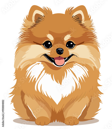 A cute puppy of a pomeranian Spitz breed. Redhead pom sitting with tongue hanging out. Funny sweet pup Zwergspitz. Flat vector illustration isolated on white background