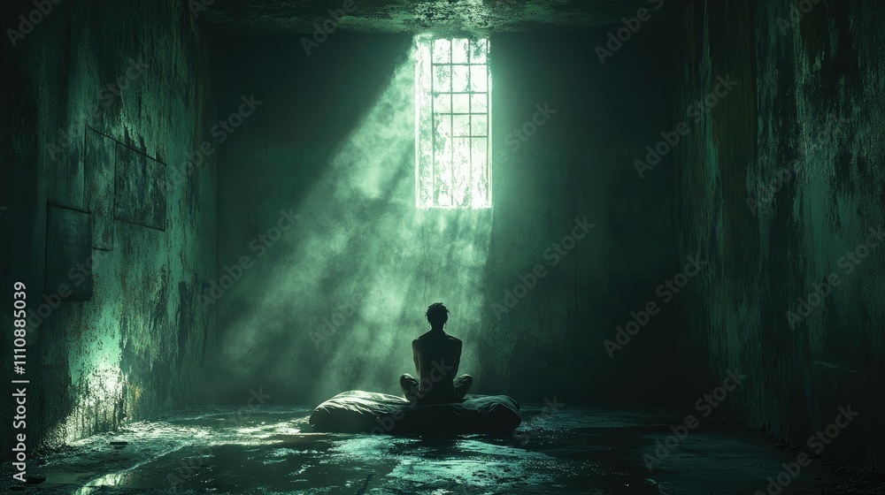 Fototapeta premium A solitary figure meditates in a dimly lit, abandoned room, illuminated by soft light.