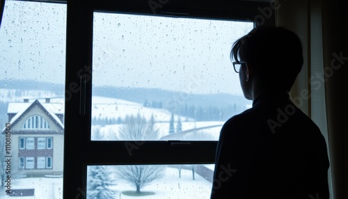 Person looking out window at snowy landscape.