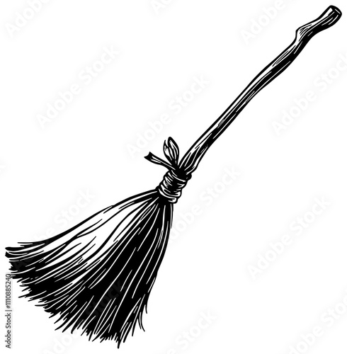 Cartoon witches broom illustration in black, isolated 