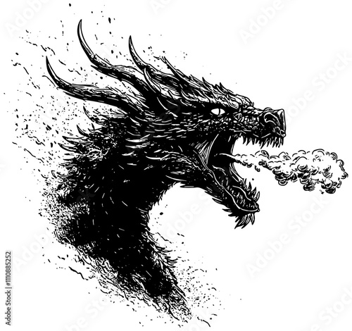 Fire breathing dragon illustration in black, isolated  photo