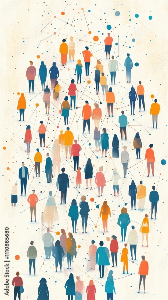 Inclusive geometric diversity illustration of connected people over a pastel abstract background Inclusive geometric diversity illustration of connected people over a pastel abstract background