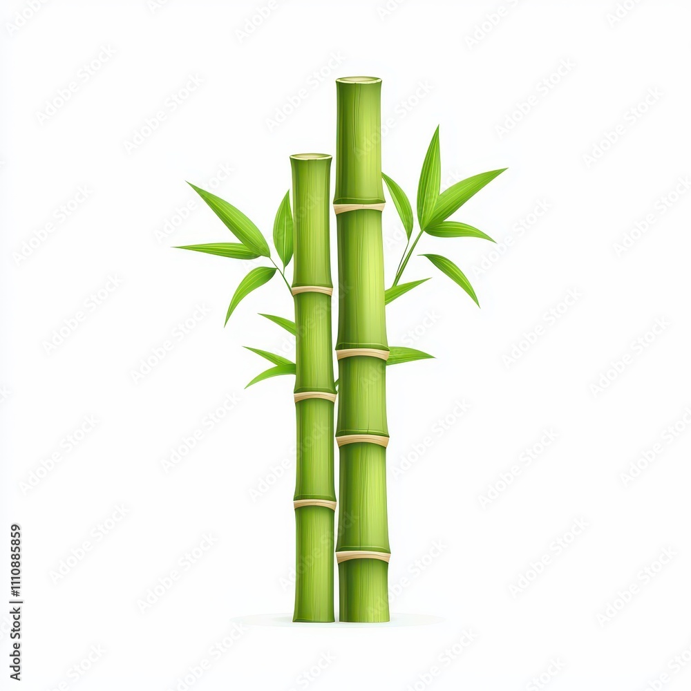 Obraz premium Lush Green Bamboo Stalks Surrounded by Vibrant Leaves on a Clean White Background