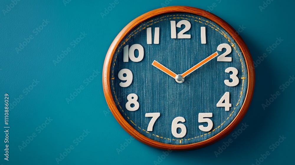Close-up of a wooden wall clock with denim texture on a teal background, showcasing its stylish design and vibrant orange hands. Close-up of a wooden wall clock with denim texture on a teal background, showcasing its stylish design and vibrant orange hands.