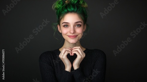 Smiling young woman with green hair forming a heart shape with her hands against a dark background. photo