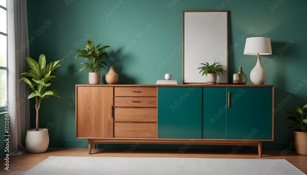 Wood sideboard in green living room with copy space Wood sideboard in green living room with copy space