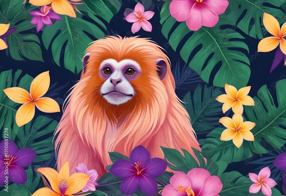 Tropical exotic pattern with animal and flowers in bright colors and lush vegetationn Tropical exotic pattern with animal and flowers in bright colors and lush vegetationn