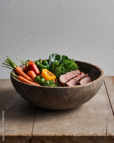 A wooden bowl filled with meat and vegetables on top of a wooden table. photo