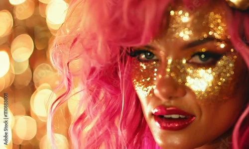 Woman with pink hair and gold glitter, striking portrait of a woman with vibrant pink hair, gold glitter makeup, and red lips, set against a warm golden bokeh background, exuding glamour, confidence photo