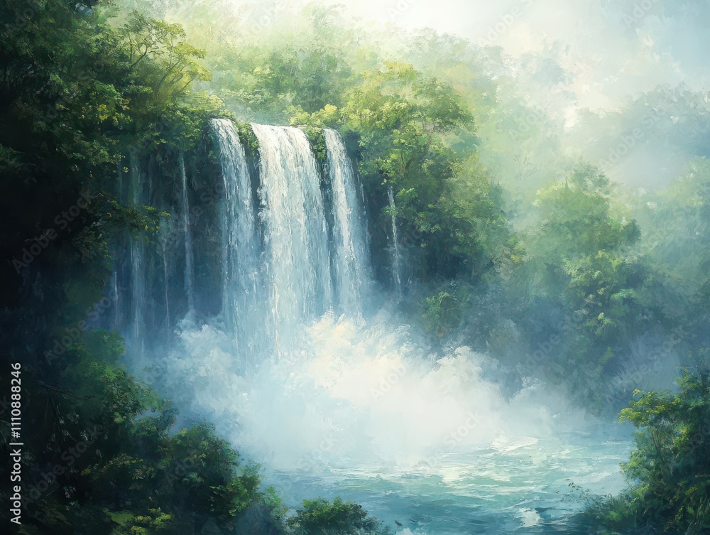 Capture a majestic waterfall cascading down, enveloped in mist and lush greenery in a traditional oil painting style Capture a majestic waterfall cascading down, enveloped in mist and lush greenery in a traditional oil painting style