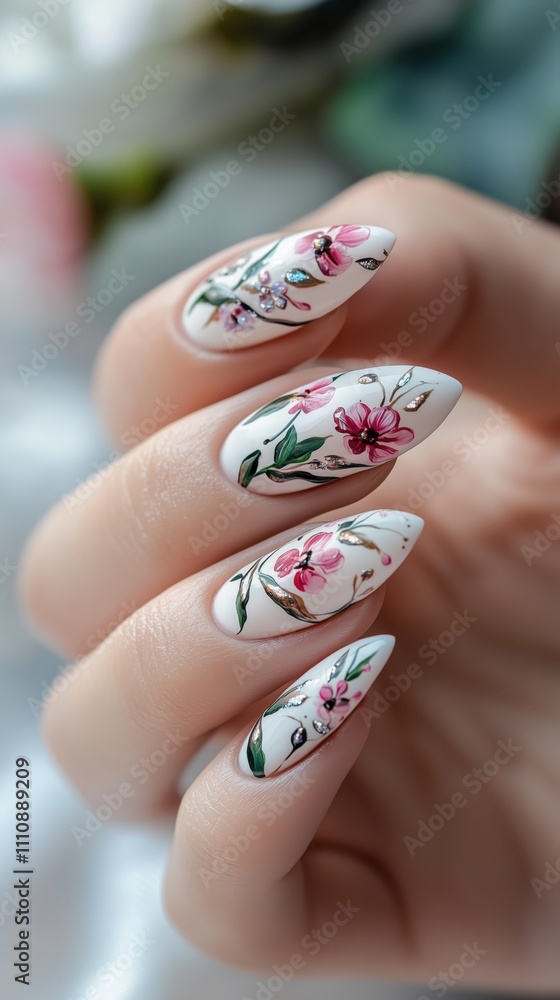 Floral manicure art on hand with pink and green designs