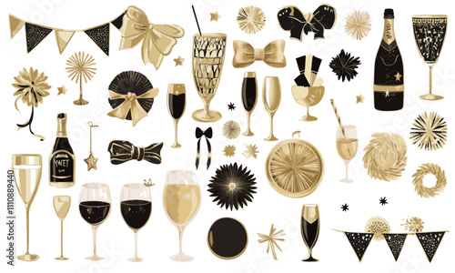 New year's eve decoration celebration kit. Separated vector on transparent background. Christmas party, holidays, winter, champagne, glasses, fireworks