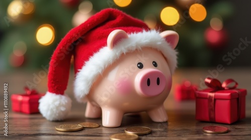 Cute piggy bank wearing a Santa hat and sitting on a wooden surface with gift boxes and coins around it. Christmas, holiday, savings themes photo