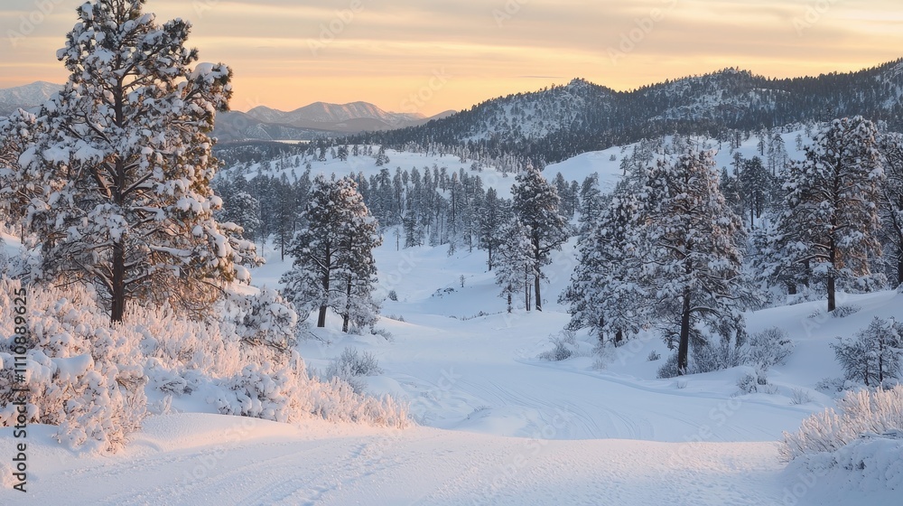 A snowy winter wonderland with pine trees dusted in fresh snow, set against a backdrop of frosty mountains. The soft light of a setting sun casts a warm glow over the cold, serene landscape A snowy winter wonderland with pine trees dusted in fresh snow, set against a backdrop of frosty mountains. The soft light of a setting sun casts a warm glow over the cold, serene landscape