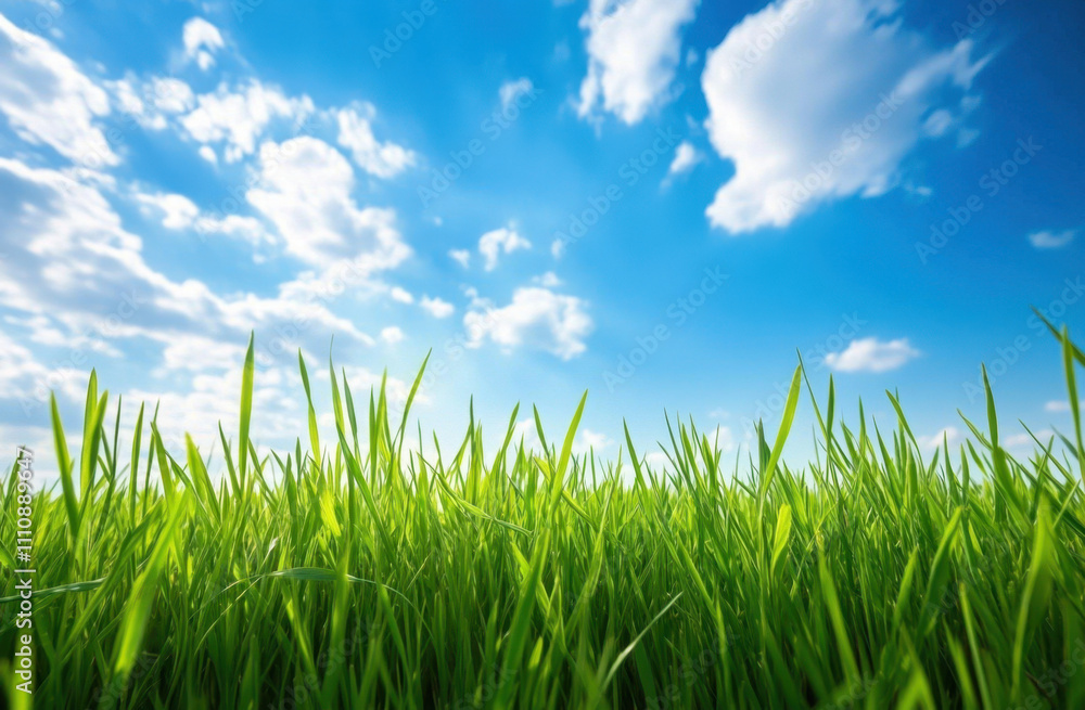 A vibrant green grass field under a bright blue sky with fluffy clouds. A vibrant green grass field under a bright blue sky with fluffy clouds.