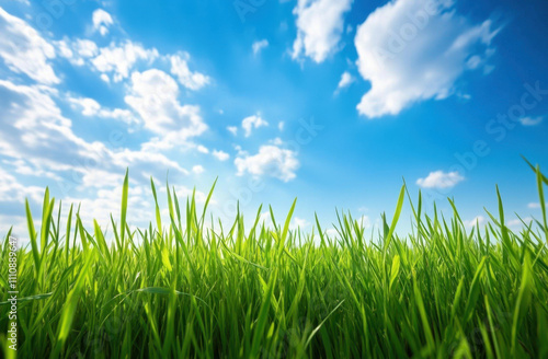 A vibrant green grass field under a bright blue sky with fluffy clouds.